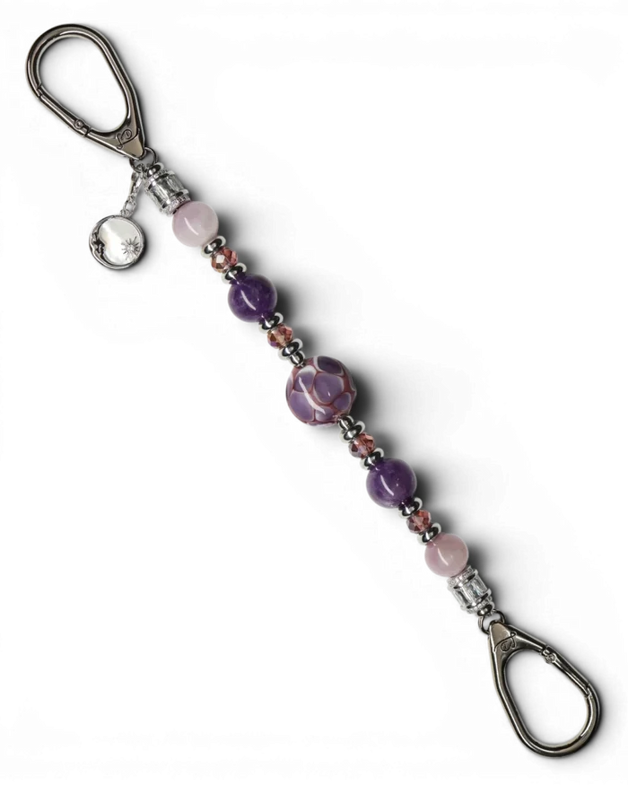 LD Keyfinder Amethyst Moon keychain with amethyst, kunzite, glass beads, and moon charm.