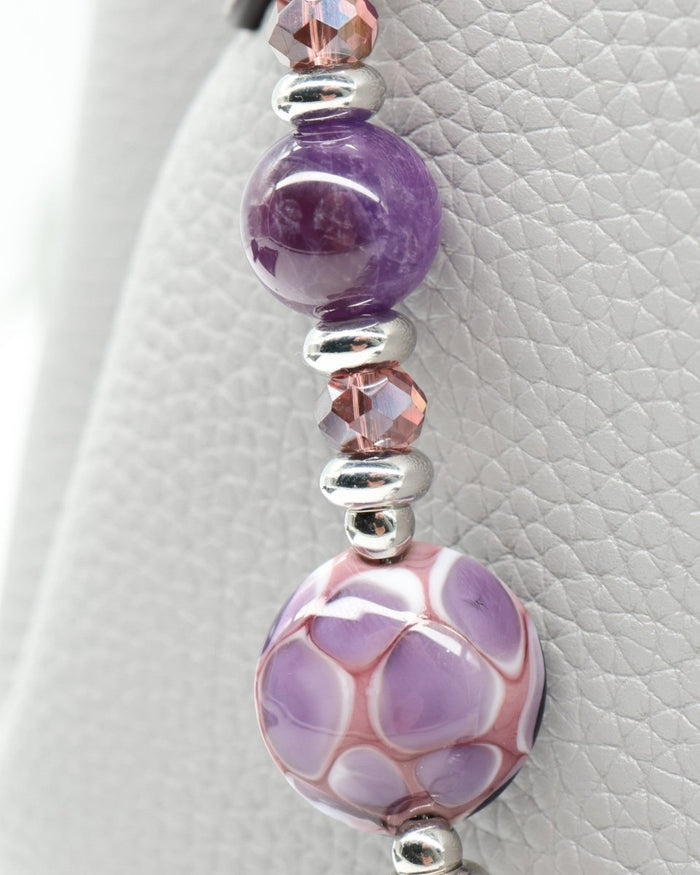 LD Keyfinder Amethyst Moon keychain with amethyst, kunzite, and artisan glass beads, moon charm.