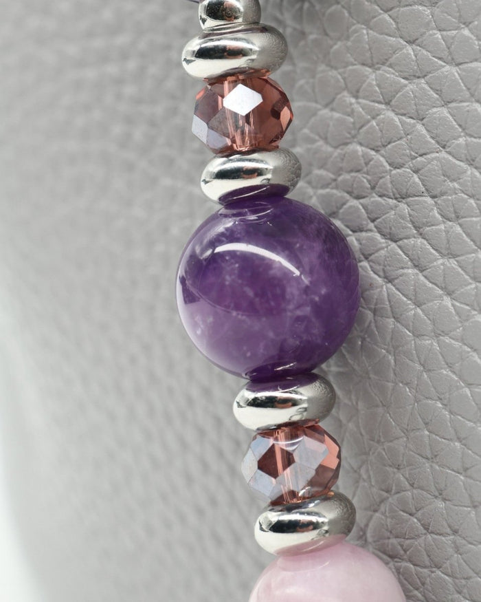 LD Keyfinder Amethyst Moon necklace with purple artisan glass bead, amethyst, kunzite, and pink beads with platinum accents.