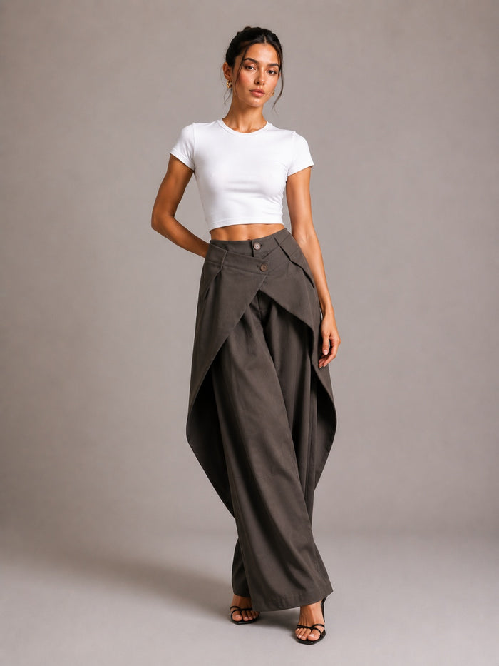 Asymmetric Cross Over Fold Waist Deconstructed Wide Leg Tailored Pants – Premium 4 | RICALOUX