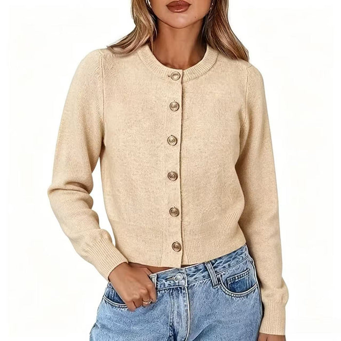 Autumn Casual Crew-neck Single-breasted Long-sleeve Cropped Knit Cardigan – Premium 0 | RICALOUX