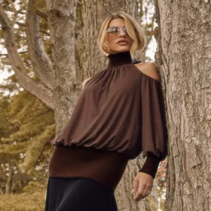 Autumn Womens Off-shoulder High-neck Sheer Mesh Long-sleeve Versatile Top by Ricaloux