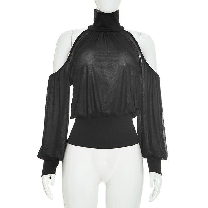 Autumn Womens Off-shoulder High-neck Sheer Mesh Long-sleeve Versatile Top by Ricaloux