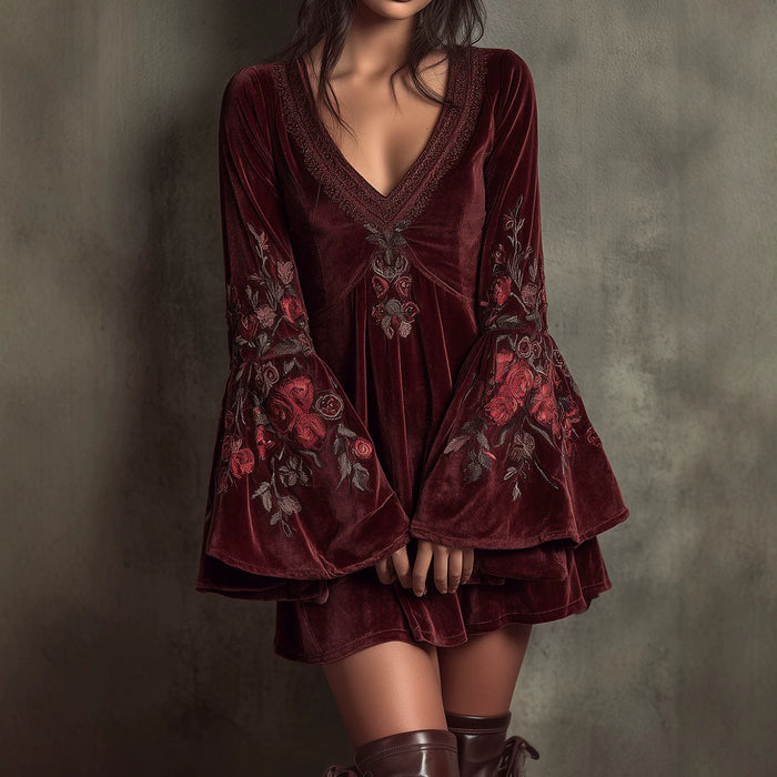 Bell-sleeved Burgundy Velvet Embroidered Mini Dress by Ricaloux