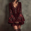 Bell-sleeved Burgundy Velvet Embroidered Mini Dress by Ricaloux