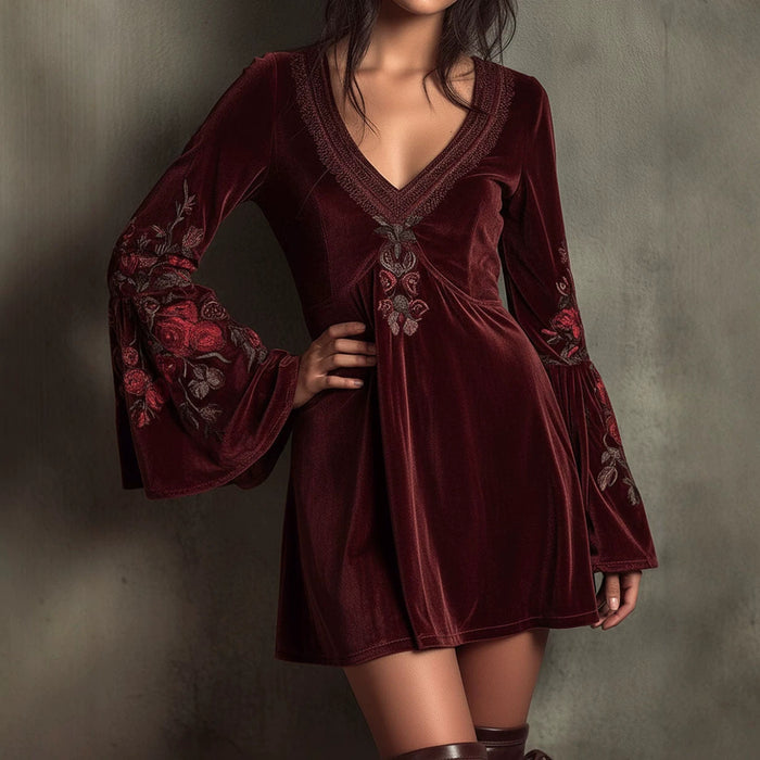 Bell-sleeved Burgundy Velvet Embroidered Mini Dress by Ricaloux