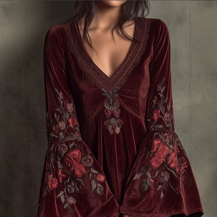 Bell-sleeved Burgundy Velvet Embroidered Mini Dress by Ricaloux
