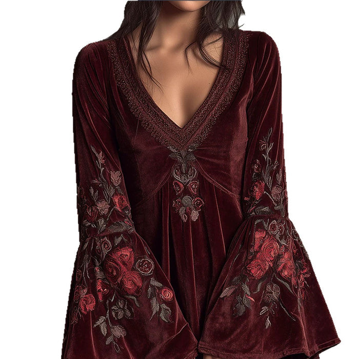Bell-sleeved Burgundy Velvet Embroidered Mini Dress by Ricaloux