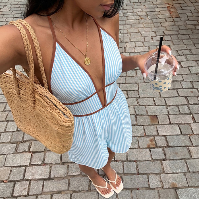 Best-selling Resort-style Striped Halter-neck Deep-V Jumpsuit by Ricaloux