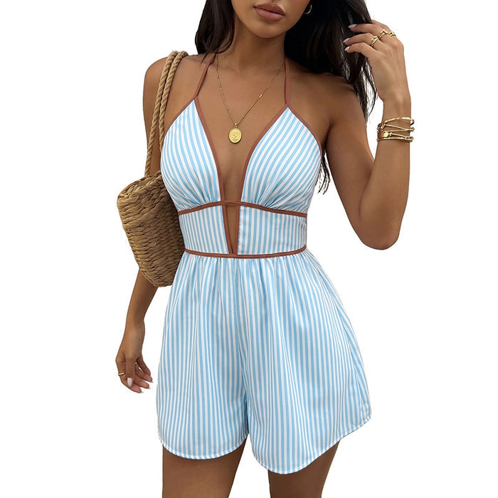 Best-selling Resort-style Striped Halter-neck Deep-V Jumpsuit by Ricaloux