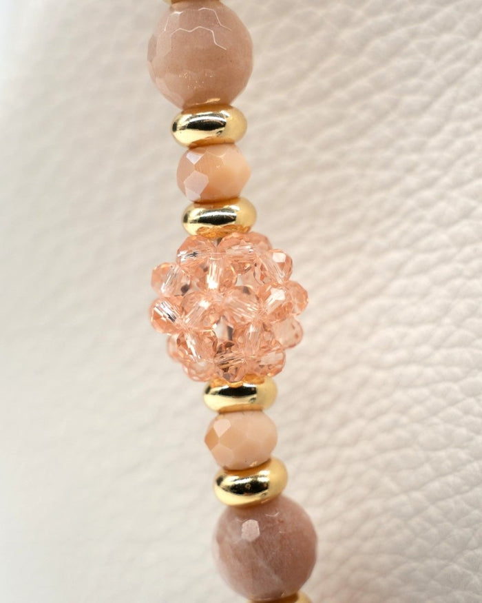 LD Keyfinder Birdsong Bliss beaded keychain with peach glass, sunstone, coral flower beads, and gold-plated bird charm.
