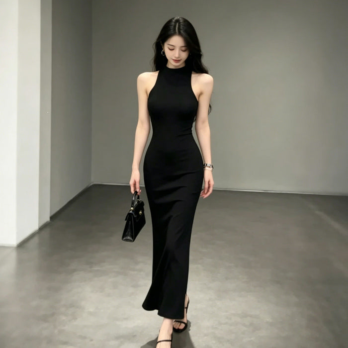 Black Halter-neck Slit Mid-length Sleeveless Dress – Premium 0 | RICALOUX