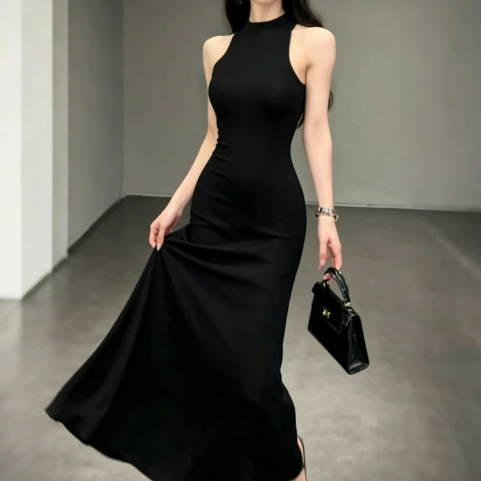 Black Halter-neck Slit Mid-length Sleeveless Dress – Premium 0 | RICALOUX