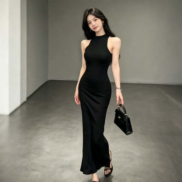 Black Halter-neck Slit Mid-length Sleeveless Dress – Premium 0 | RICALOUX