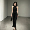 Black Halter-neck Slit Mid-length Sleeveless Dress – Premium 0 | RICALOUX