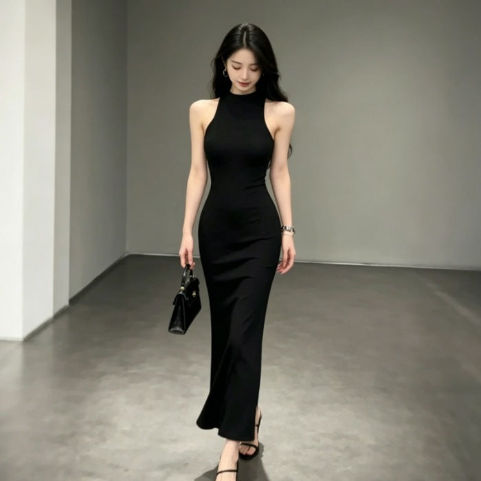 Black Halter-neck Slit Mid-length Sleeveless Dress – Premium 0 | RICALOUX