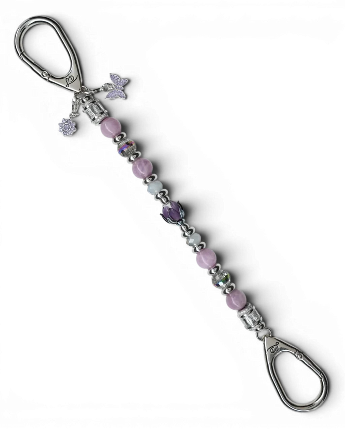 LD Keyfinder Blooming Joy beaded keychain with Lepidolite, purple Jade, glass tulip, and rhinestone butterfly charm.