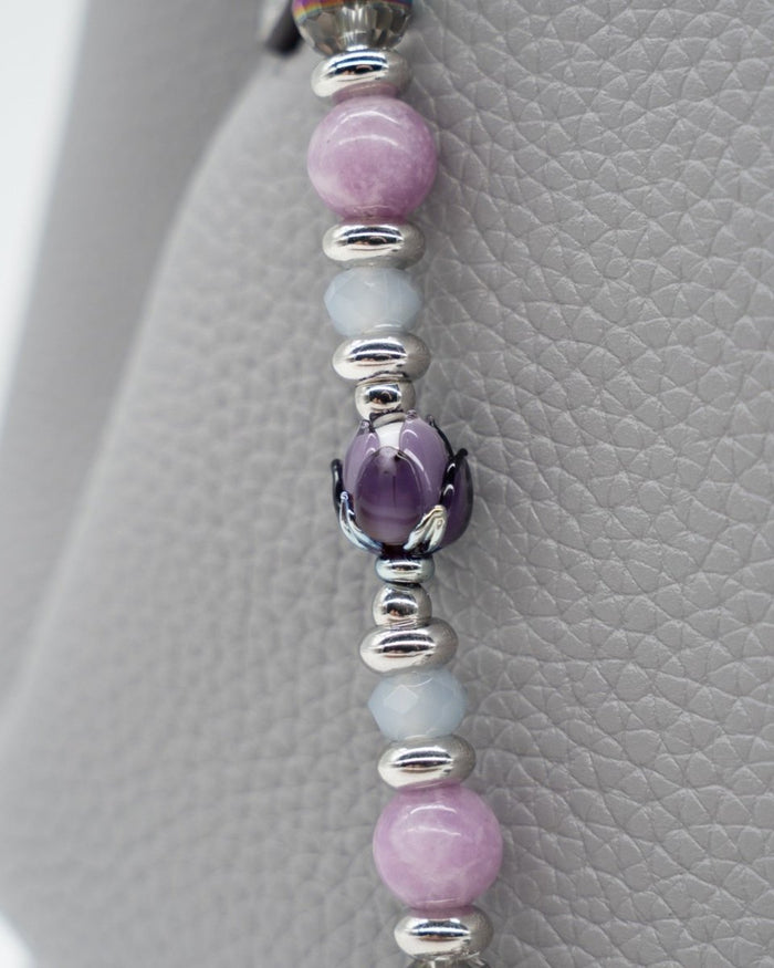 LD Keyfinder Blooming Joy beaded accessory with Lepidolite, purple Jade, artisan glass tulip, and butterfly charm.
