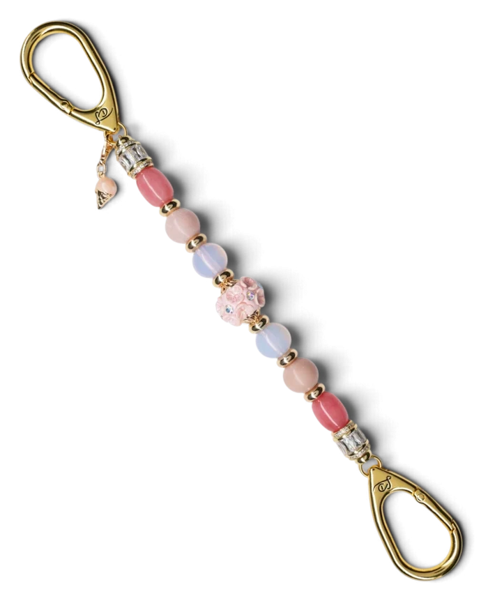 LD Keyfinder Blush Sorbetto beaded keychain with pink gemstones, artisan floral bead, and gold ice cream cone charm.