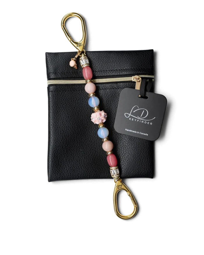 LD Keyfinder Blush Sorbetto beaded keychain with pink gemstones, artisan floral bead, and gold-plated ice cream charm.