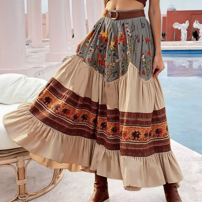 Bohemian Resort-style Artistic Patchwork Long Skirt by Ricaloux