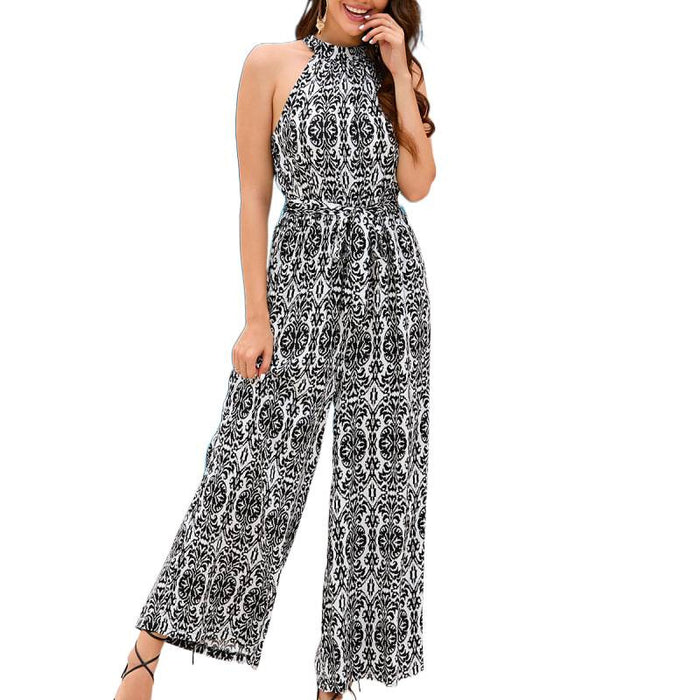 Bohemian Resort-Style Halterneck Defined-Waist Jumpsuit – Premium 0 | RICALOUX