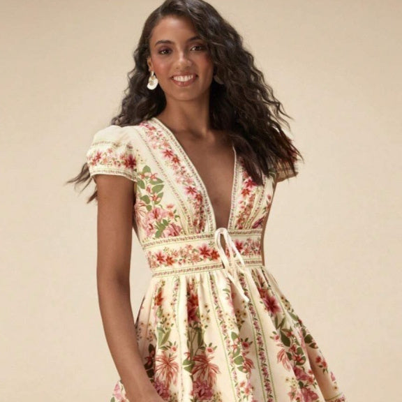 Bohemian-style Vacation Casual V-neck Lace-up Floral Slimming Dress For Women – Premium 0 | RICALOUX