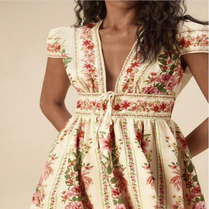 Bohemian-style Vacation Casual V-neck Lace-up Floral Slimming Dress For Women – Premium 0 | RICALOUX