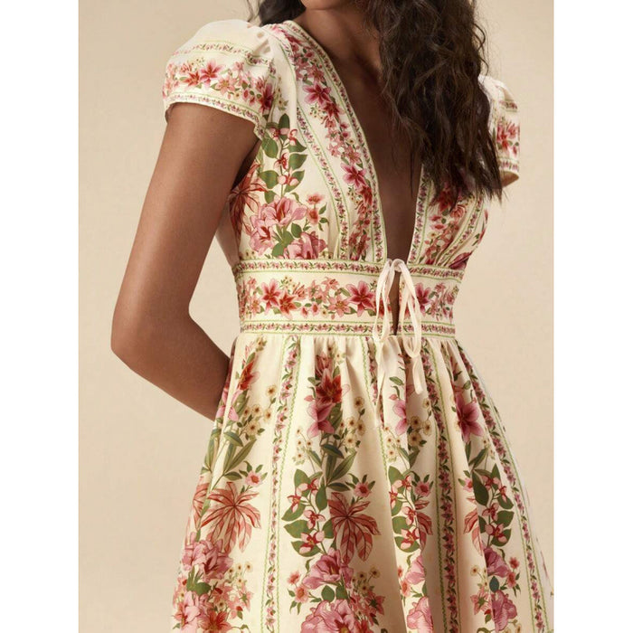 Bohemian-style Vacation Casual V-neck Lace-up Floral Slimming Dress For Women – Premium 0 | RICALOUX