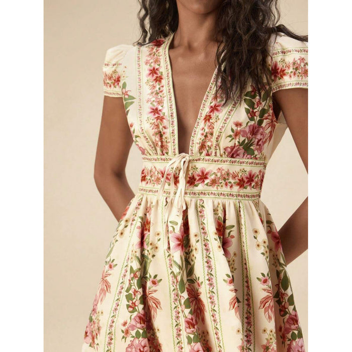 Bohemian-style Vacation Casual V-neck Lace-up Floral Slimming Dress For Women – Premium 0 | RICALOUX