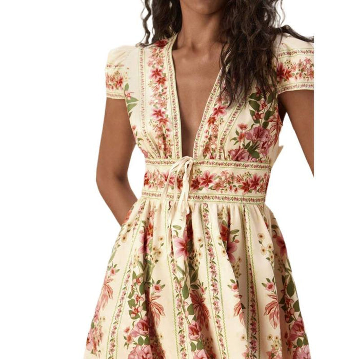 Bohemian-style Vacation Casual V-neck Lace-up Floral Slimming Dress For Women – Premium 0 | RICALOUX