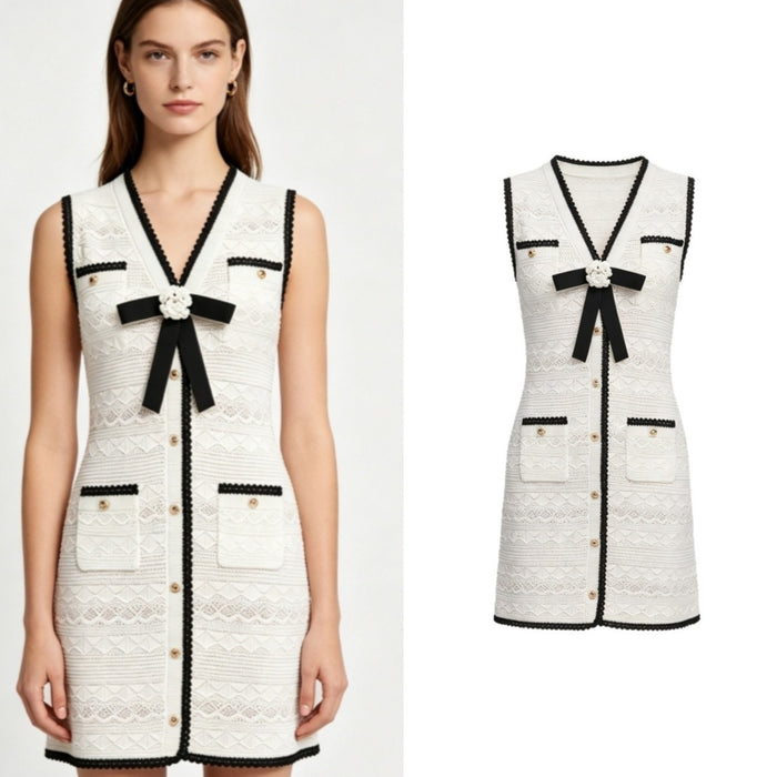 Bow-tie Contrast-color Hollow-out Sleeveless V-neck Dress For Women by Ricaloux