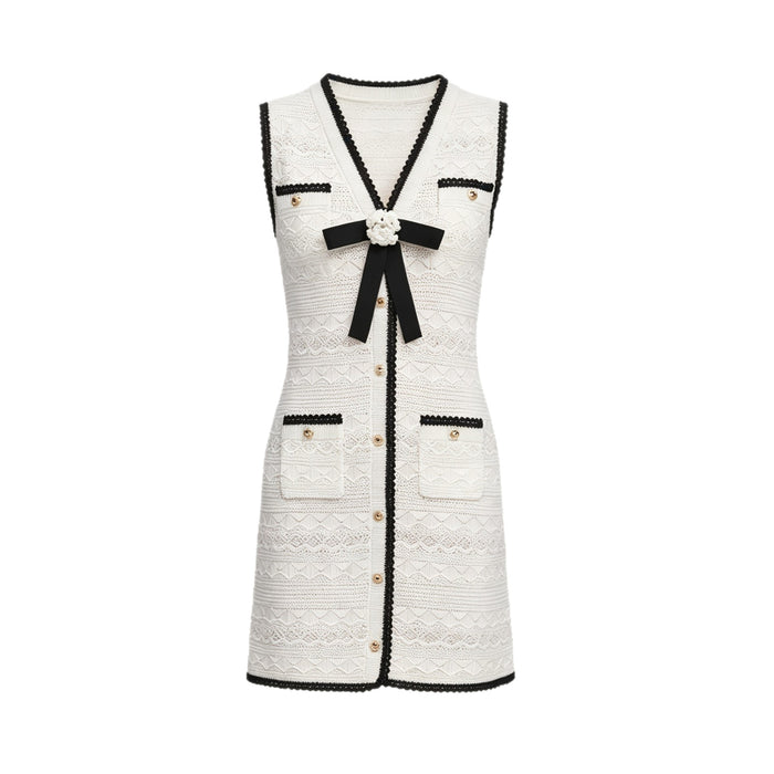 Bow-tie Contrast-color Hollow-out Sleeveless V-neck Dress For Women by Ricaloux
