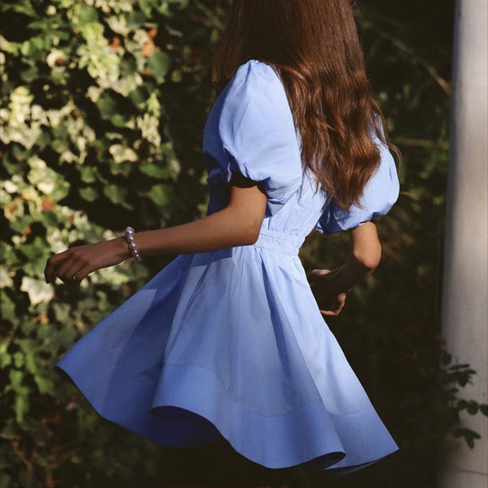 Bow-tie Deep V-neck High-waisted Lantern-sleeve Short A-line Dress – Premium 0 | RICALOUX