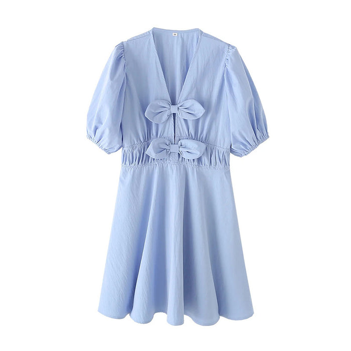 Bow-tie Deep V-neck High-waisted Lantern-sleeve Short A-line Dress – Premium 0 | RICALOUX