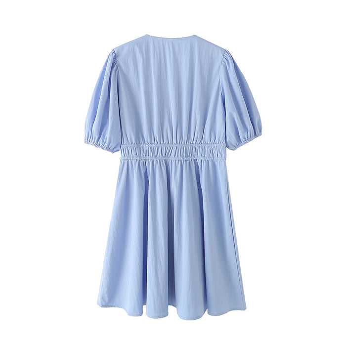 Bow-tie Deep V-neck High-waisted Lantern-sleeve Short A-line Dress – Premium 0 | RICALOUX