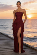 Burgundy Strapless Ruched High-Slit Maxi Gown With Pockets – Premium 4 | RICALOUX