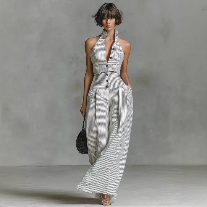 Button-front Sleeveless Shirt High-waisted Wide-leg Slim-fit Jumpsuit by Ricaloux