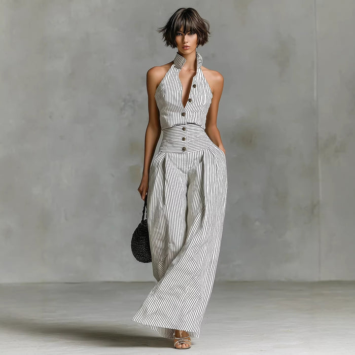 Button-front Sleeveless Shirt High-waisted Wide-leg Slim-fit Jumpsuit by Ricaloux