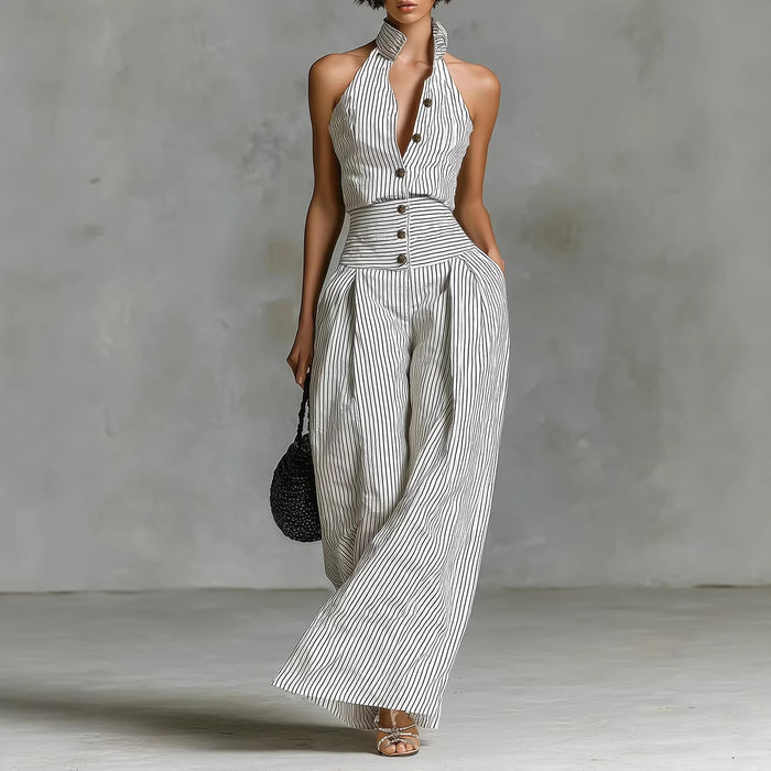 Button-front Sleeveless Shirt High-waisted Wide-leg Slim-fit Jumpsuit by Ricaloux
