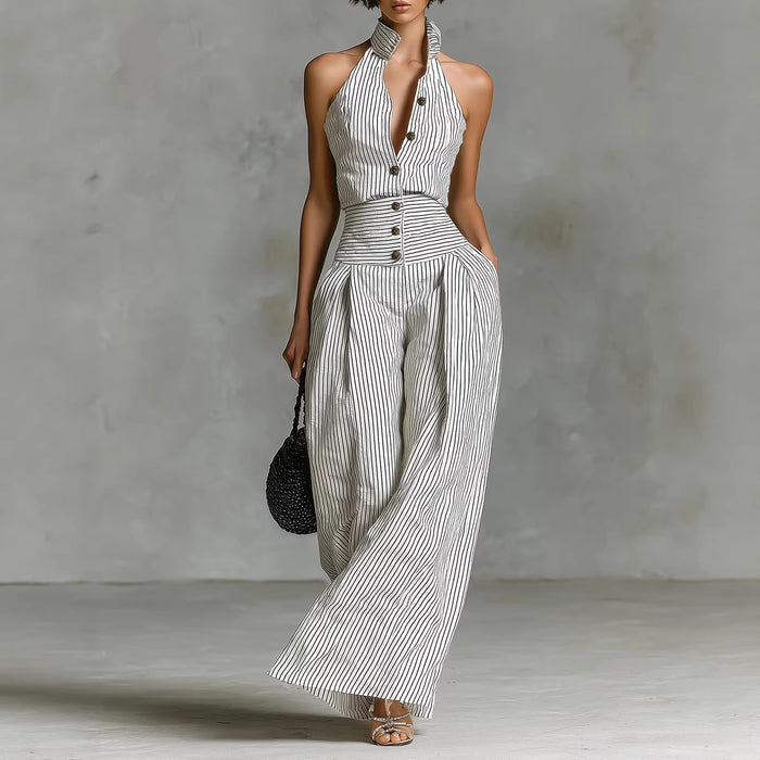 Button-front Sleeveless Shirt High-waisted Wide-leg Slim-fit Jumpsuit by Ricaloux