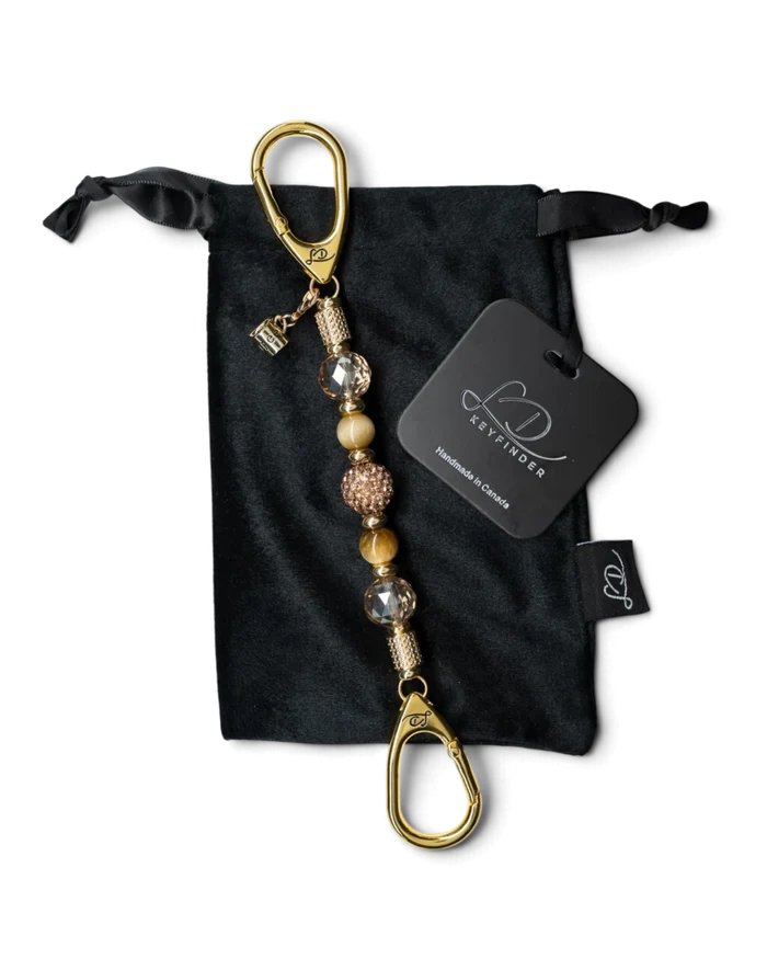 LD Keyfinder Caramel Latte-Mini key chain with tiger eye beads, golden crystal, and a gold-plated coffee cup charm.