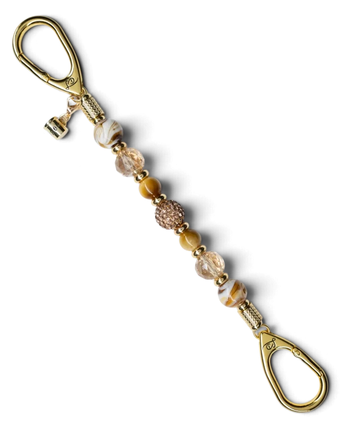 LD Keyfinder Caramel Latte beaded keychain with tiger eye, lampwork glass, Austrian crystal, and gold coffee cup charm.
