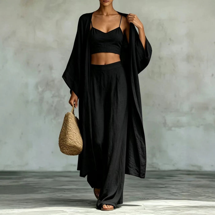Cardigan Camisole High Waisted Wide Leg Pants Three Piece Set by Ricaloux