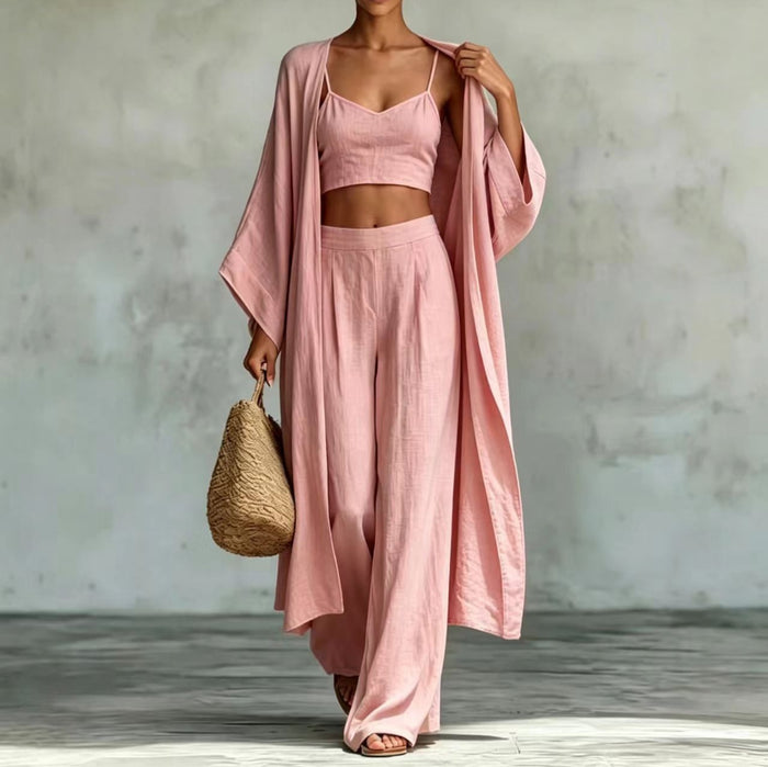 Cardigan Camisole High Waisted Wide Leg Pants Three Piece Set by Ricaloux