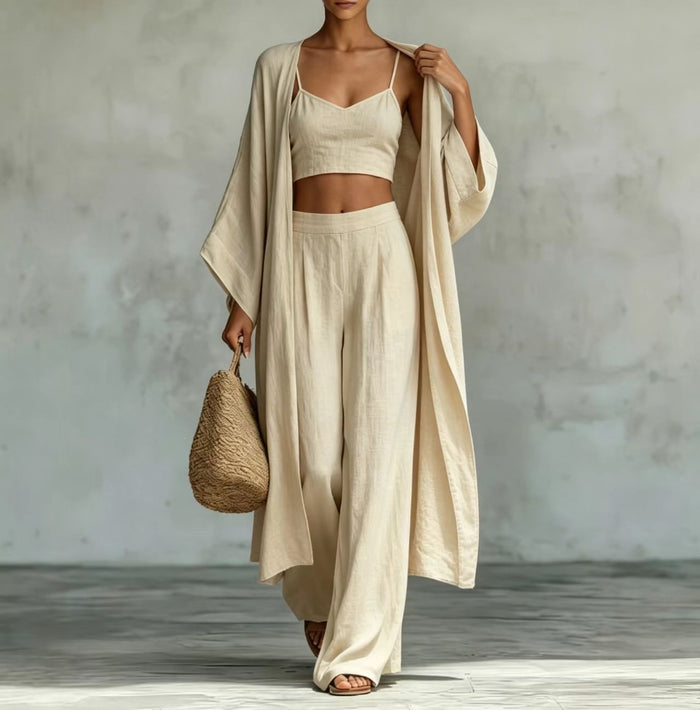 Cardigan Camisole High Waisted Wide Leg Pants Three Piece Set by Ricaloux