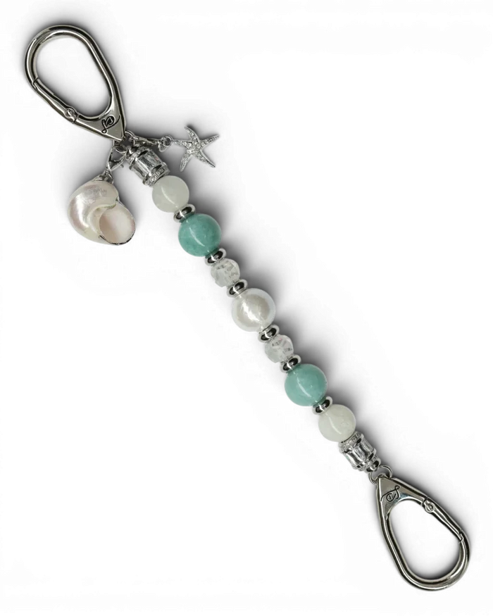 LD Keyfinder Caribbean Pearl beaded keychain with shell pearl, moonstone, aqua jade, and starfish and seashell charms.