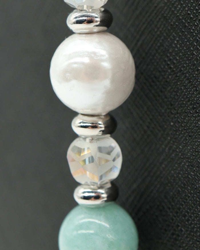 LD Keyfinder Caribbean Pearl beaded accessory featuring aqua jade, white shell pearl, and faceted glass beads.