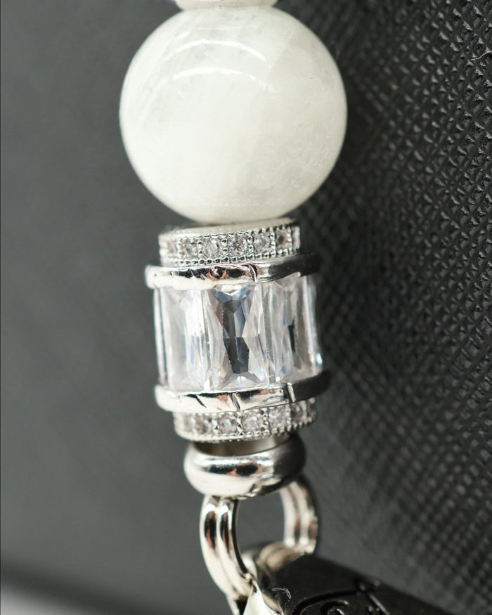 LD Keyfinder Caribbean Pearl beaded accessory with aqua jade, moonstone, shell pearl, and baguette rhinestone beads.