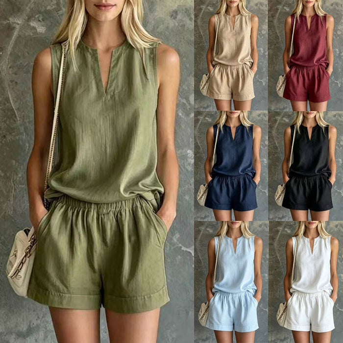 Casual Commuter Cotton-Linen V-Neck Sleeveless Top And Shorts Two-Piece Set by Ricaloux